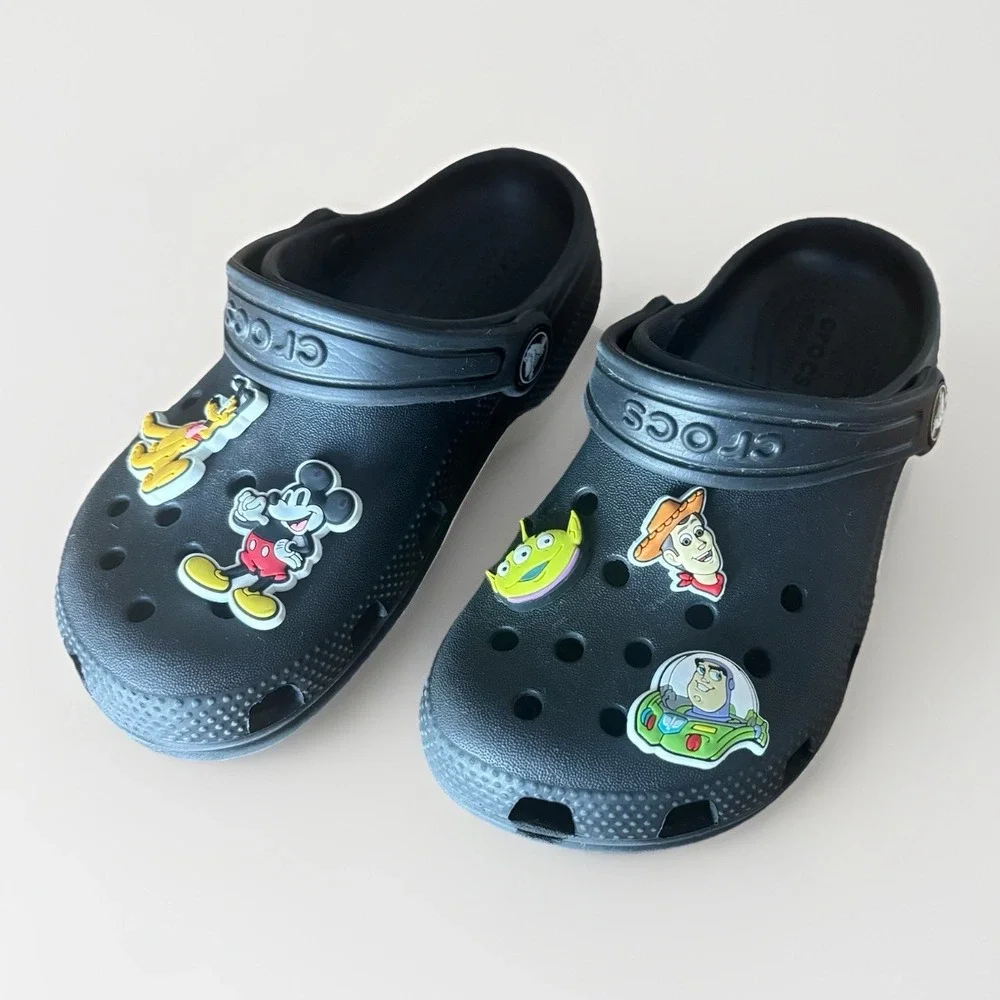CROCS Clog Kids Size C13 Black Toy Story Charms Sheriff Woody Buzz Mickey Pluto